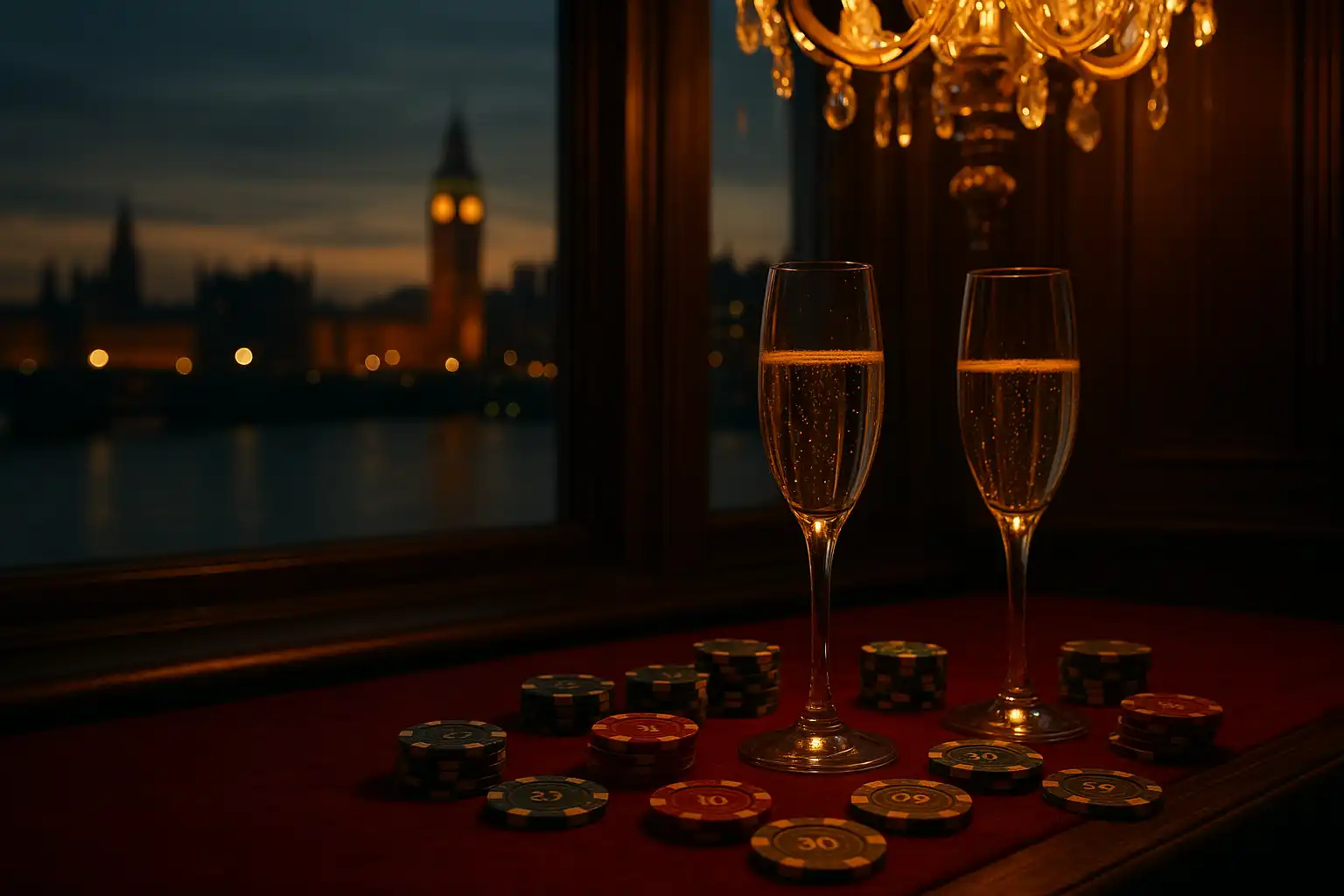 Champagne glasses and casino chips on a velvet table beside the Thames at dusk