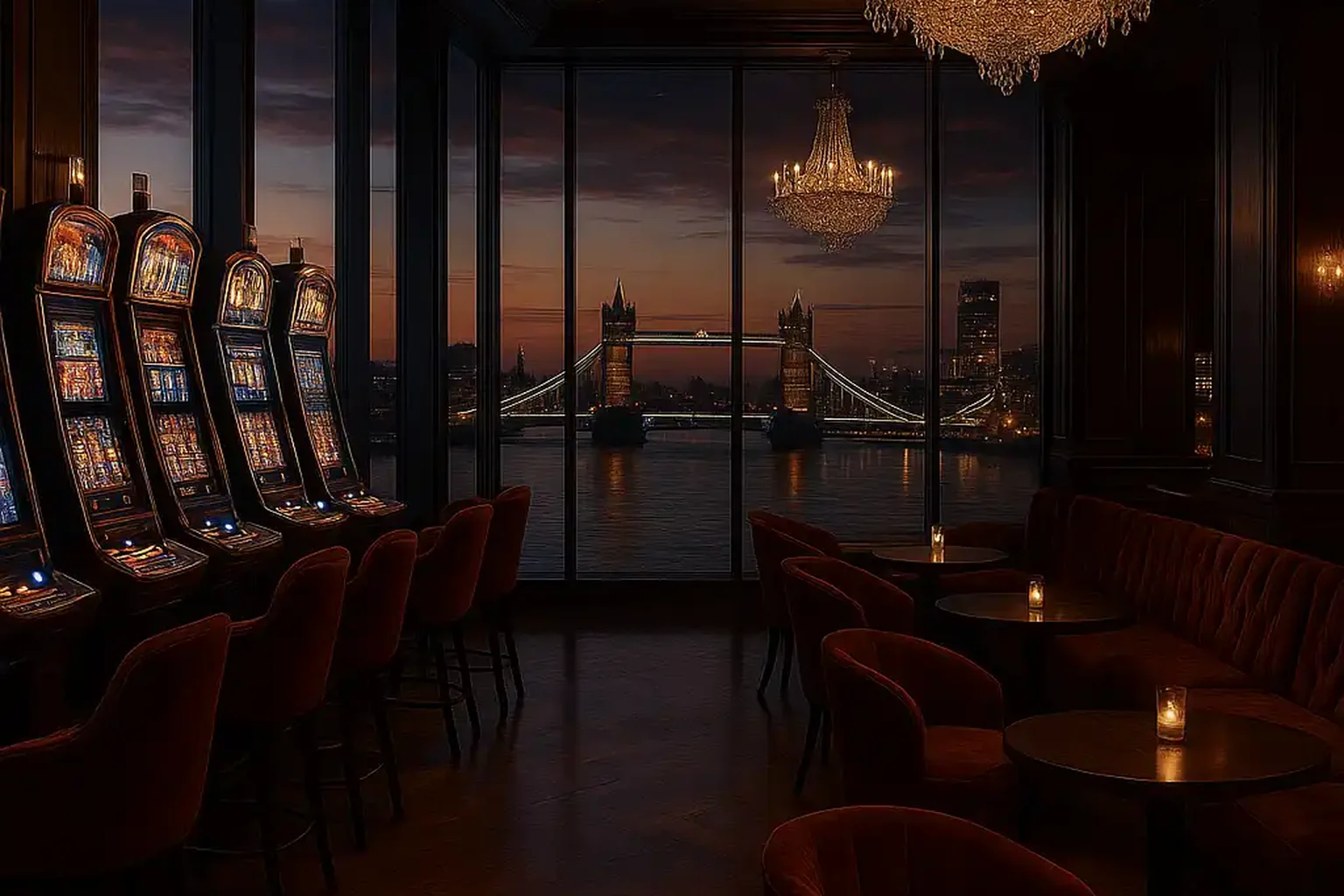 Elegant Thames riverside casino floor at dusk with slot machines and chandeliers