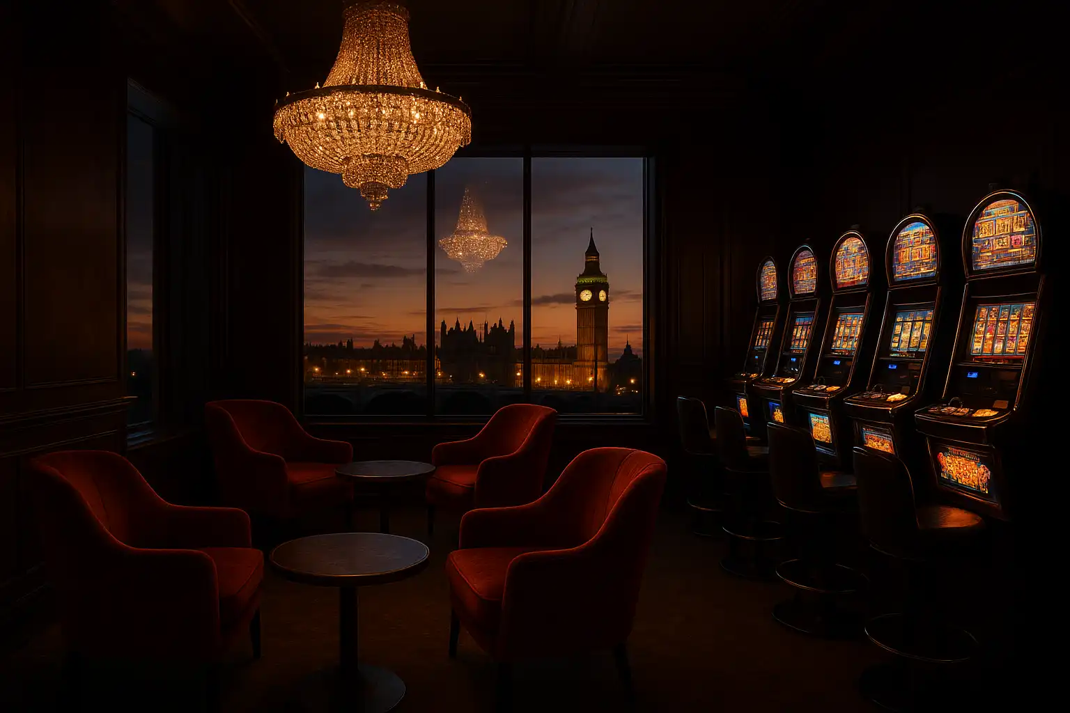 Cocktail lounge seating beside slot machines with the London skyline visible through floor to ceiling windows