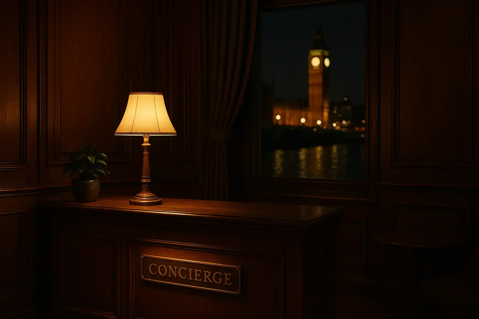 Concierge desk with a warm lamp glow inside a riverside casino lounge at night